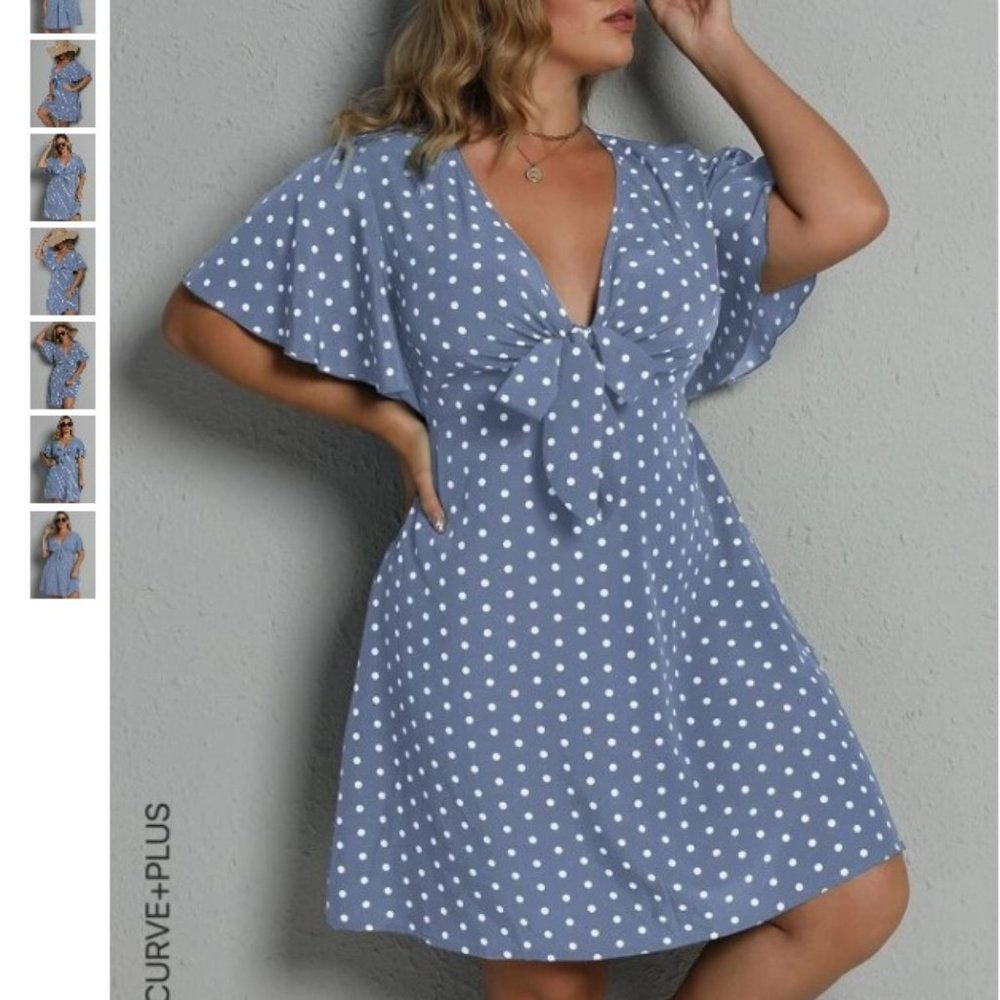 SHEIN Dusty Blue Plus Polka Dot Tie Front Dress Size OX(12)